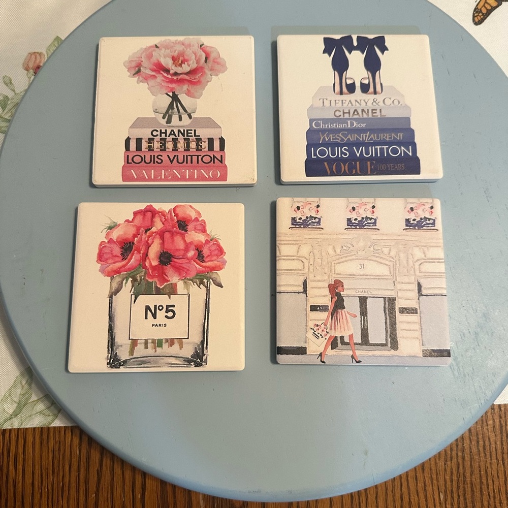 Chanel and Louis Vuitton Themed Coaster Set - Pink and White